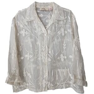 ANU Ivory Sheer Silk Organza Floral Embroidered Blouse L Party Festive Wedding